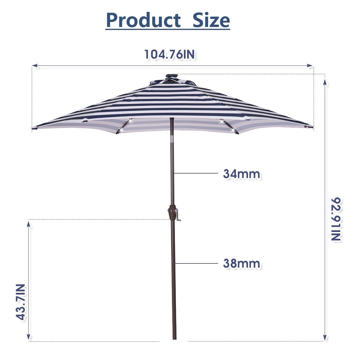 Carevas Outdoor Patio 8.7-Feet Market Table Umbrella with Push Button Tilt and Crank, Blue White Stripes With 24 Lights[Umbrella Base is not Included]