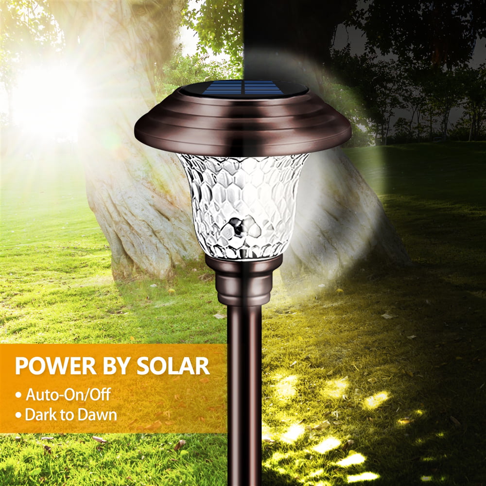 Solar Pathway Lights 8 Pack ， Decorative Solar Garden Lights Waterproof Glass Stainless Steel Auto-on/off Solar Landscape Lights for Lawn， Patio， Yard， Garden， Pathway， Driveway