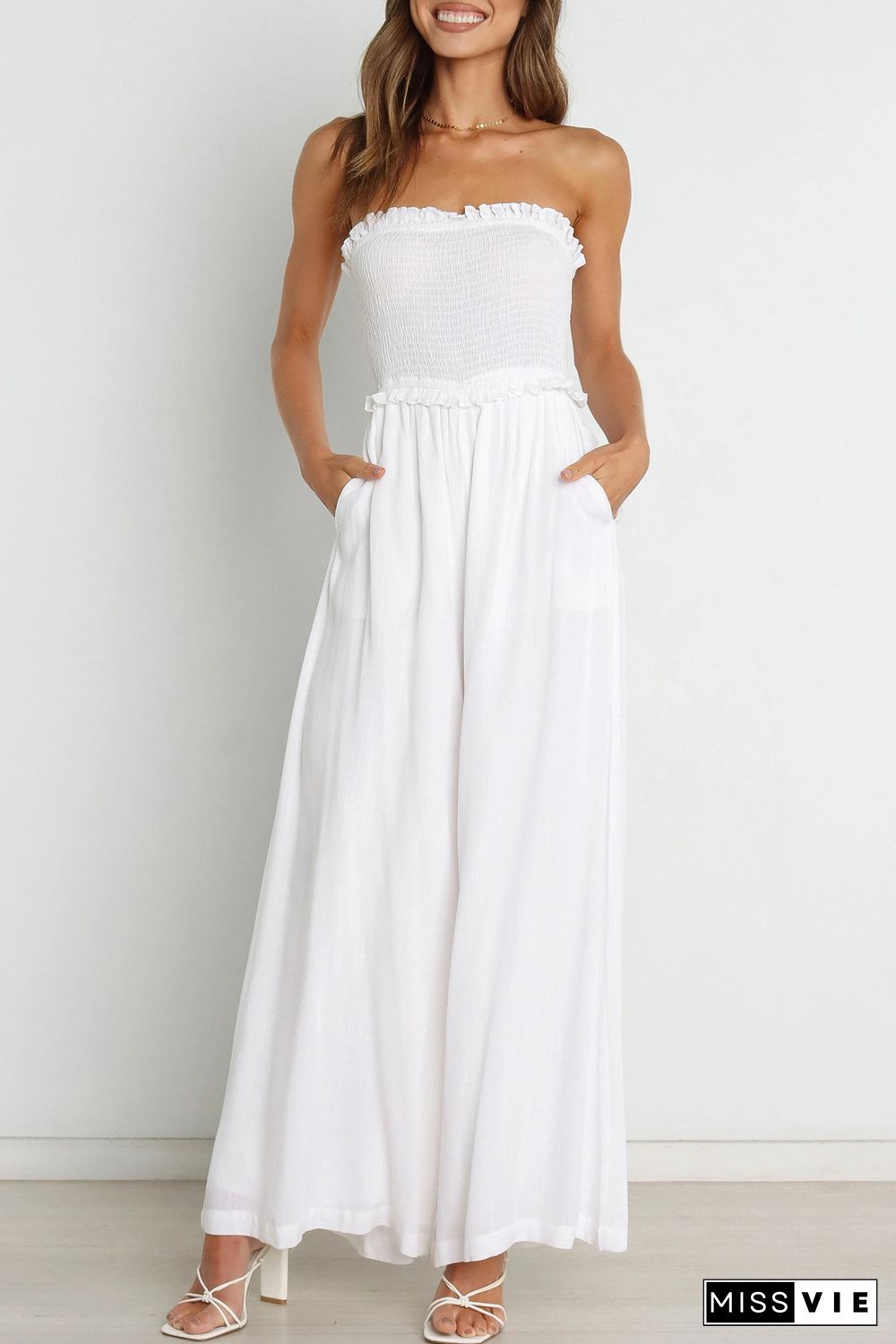 White Smocked Bandeau Wide Leg Jumpsuit