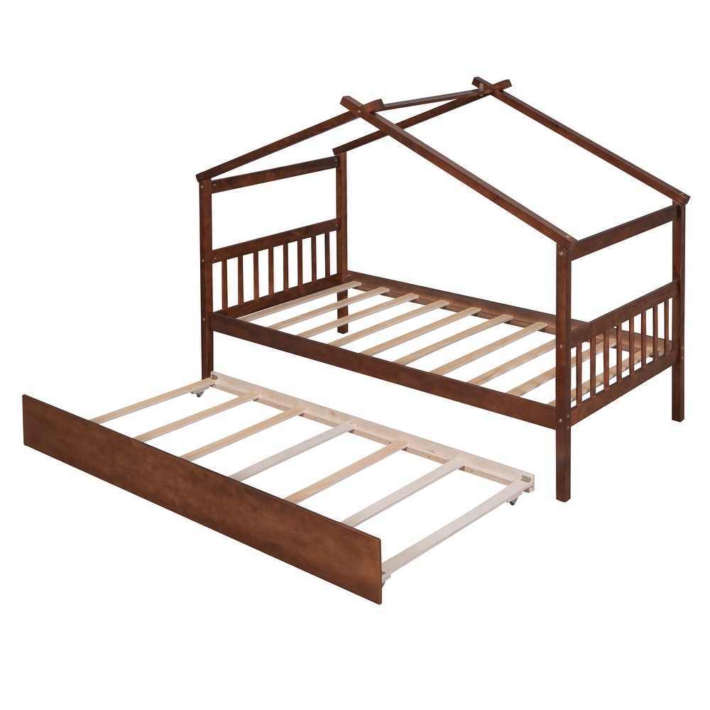 Twin Imaginative House Daybed with Headboard for Kids Girls Boys  Wooden Storage Platform Bedframe w/Trundle   Sky Roof  Walnut