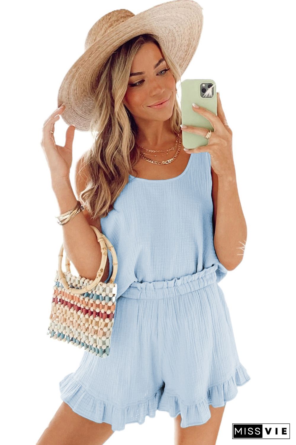 Sky Blue Textured U Neck Tank Top and High Waist Shorts Set