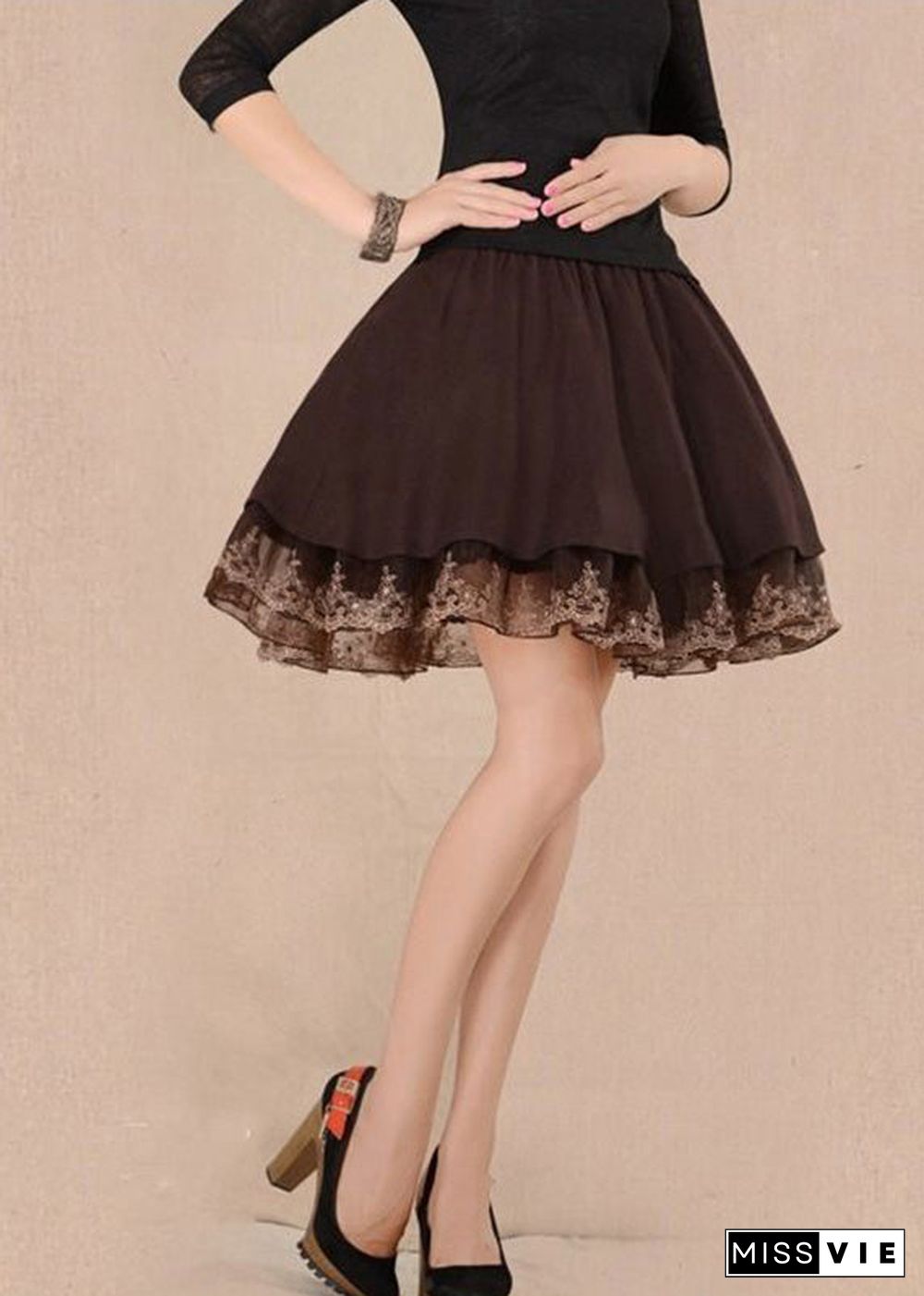 Women Chocolate Tulle Patchwork High Waist Woolen A Line Skirts Winter