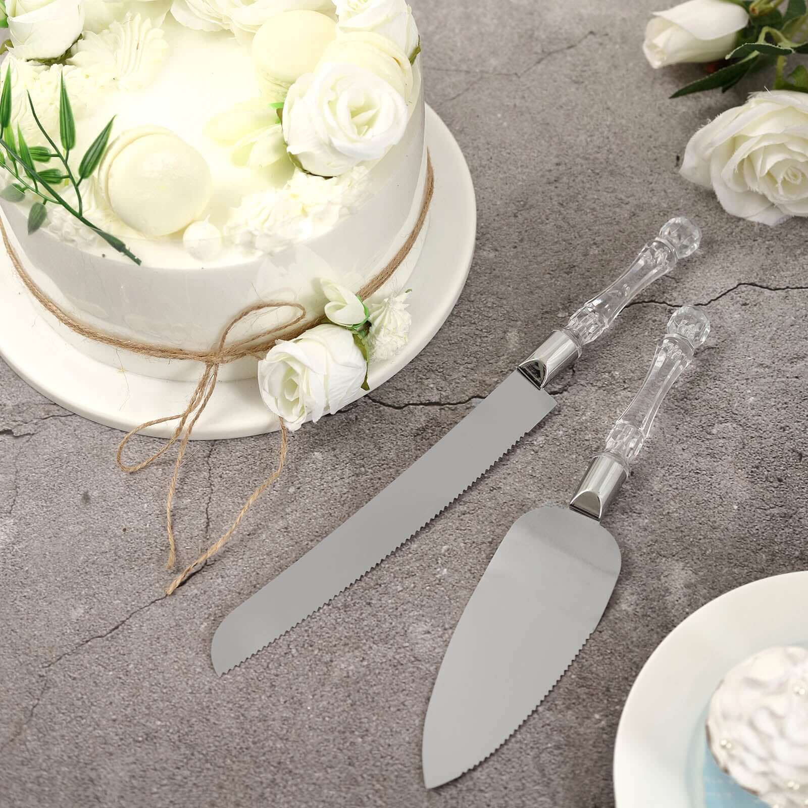 2 Set Stainless Steel Knife and Server Party Favors Set With Clear Acrylic Handle Free Gift Box 10