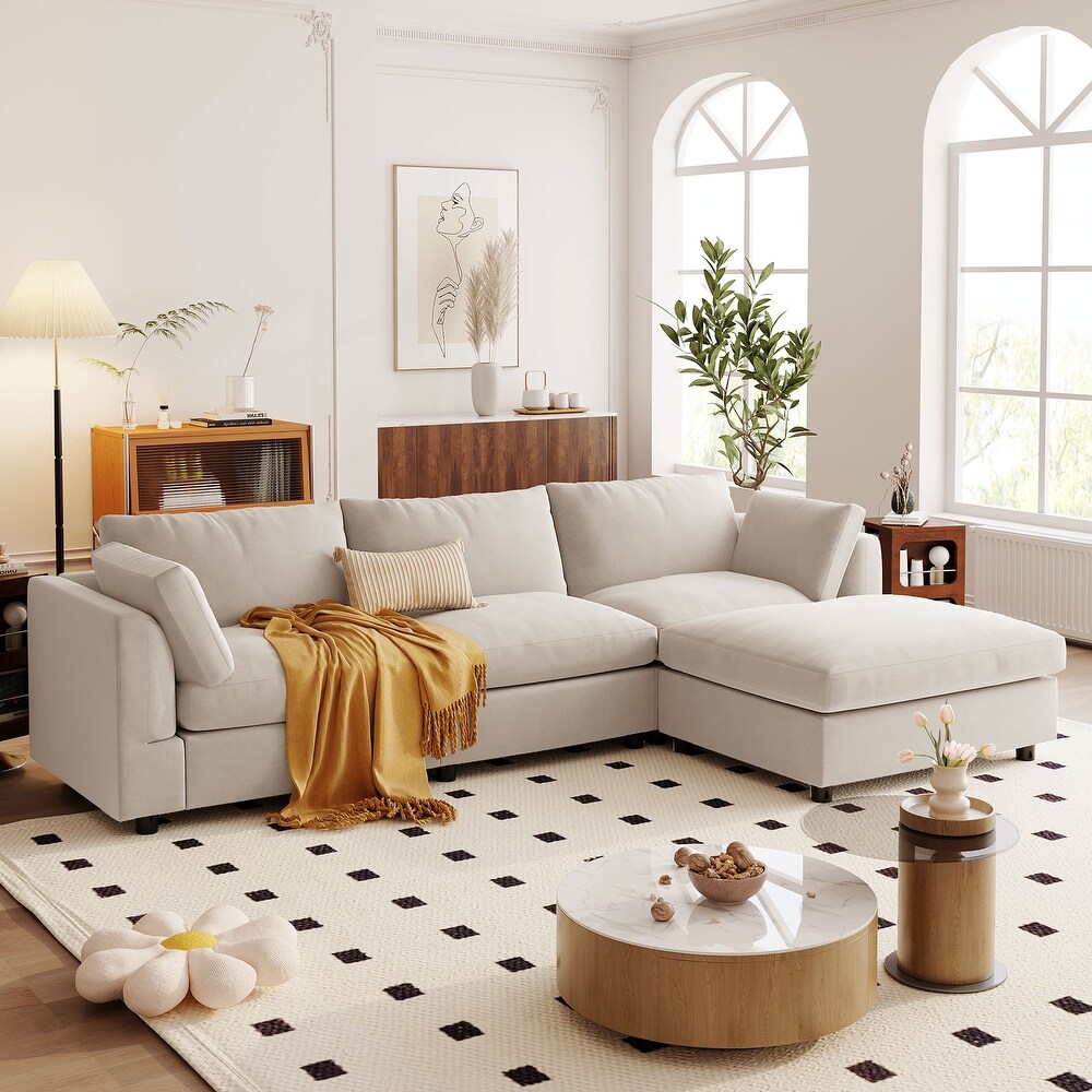 Beige Convertible Chaise Sofa L shape Sectional Sofa with Ottomans