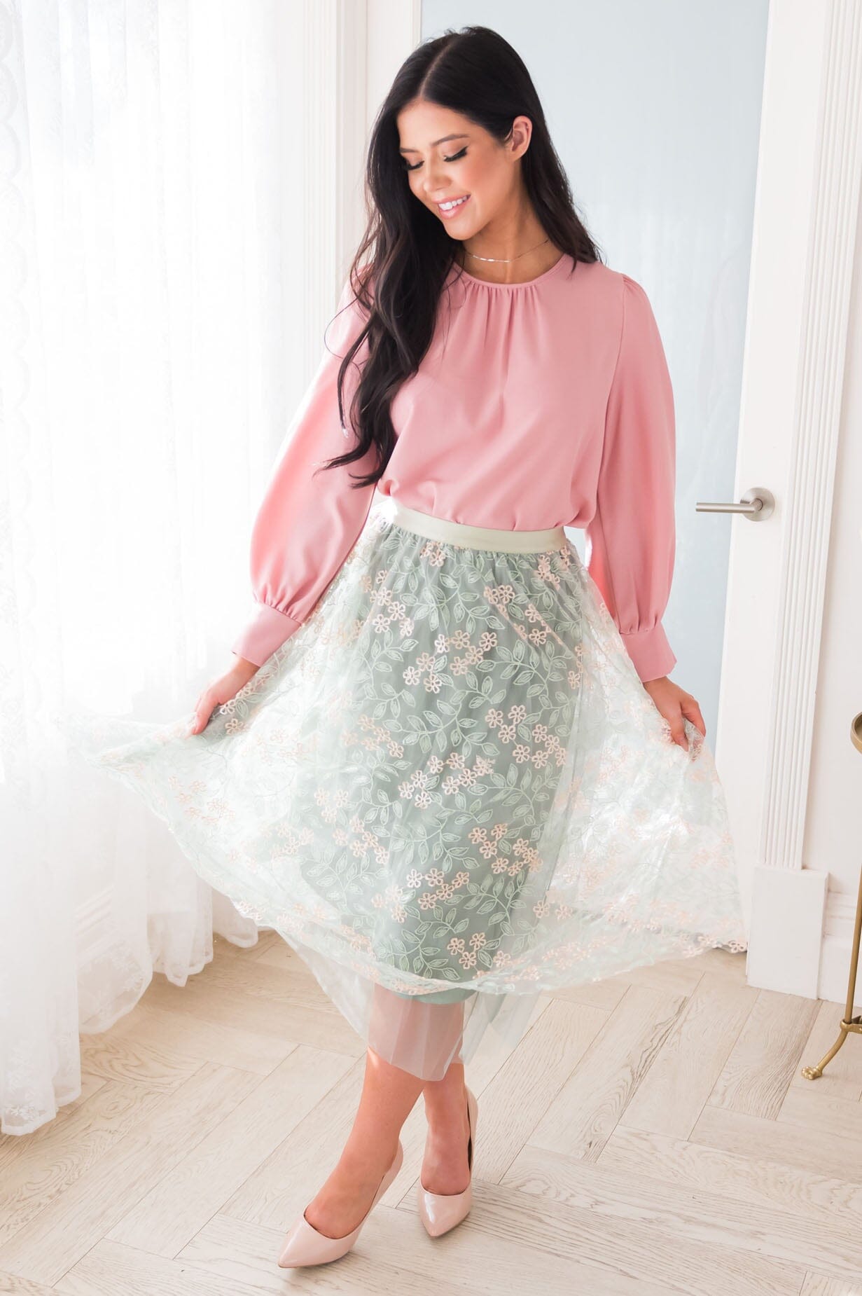 Classic Beauty Modest Embroidered Tulle Skirt