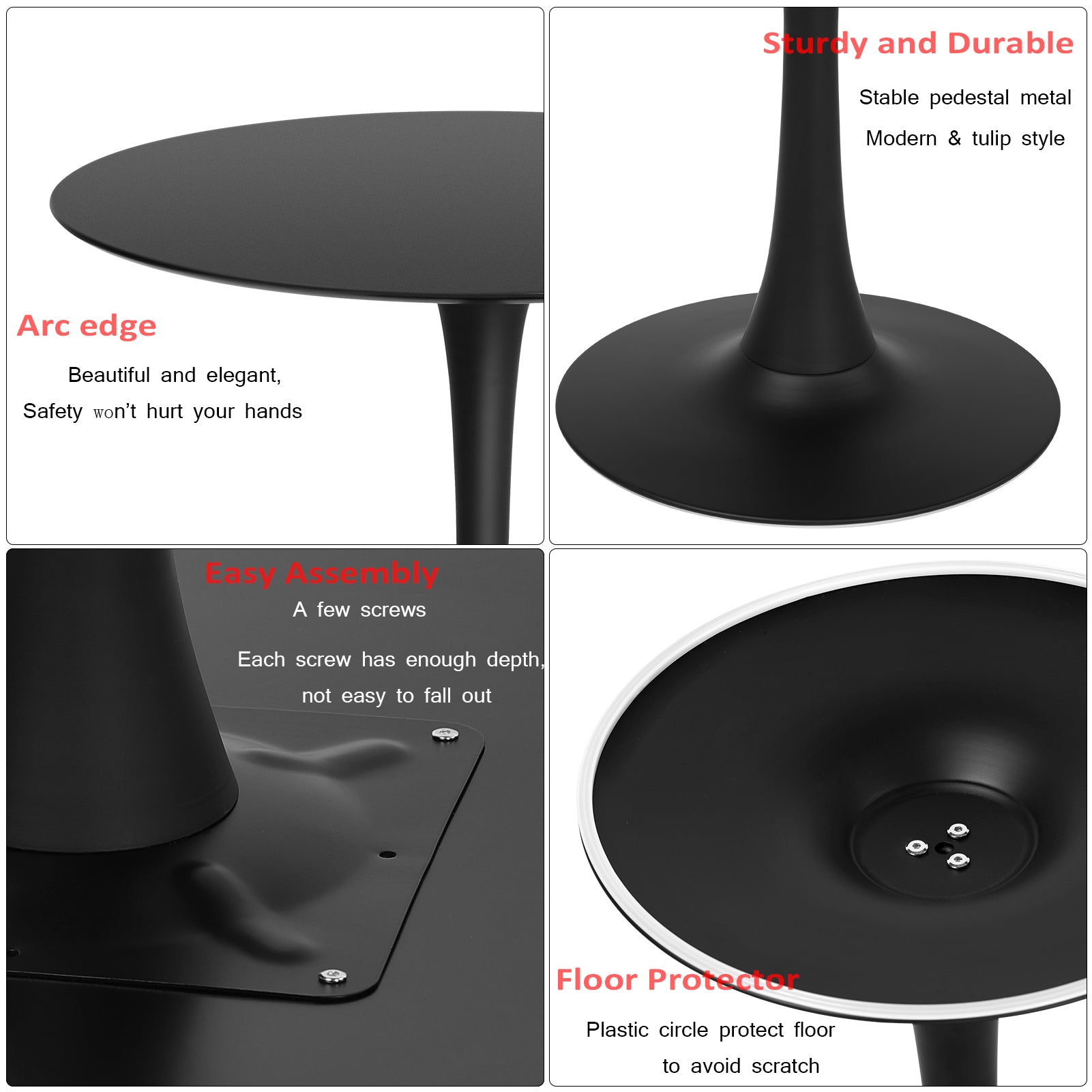 Tomile 32 Modern Round Tulip Style Dining Table for Kitchen, Mid Century MDF Round Top Coffee Table with Metal Pedestal Base, Black