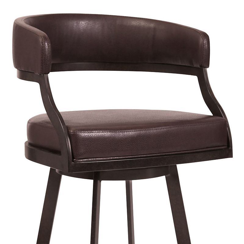 Ava 26 Inch Swivel Counter Stool， Curved， Faux Leather， Auburn Brown