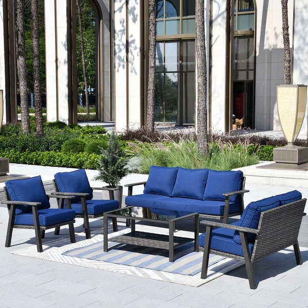 OVIOS 5piece Outdoor Steel Frame Ottoman Wicker Solid Pattern Cushion Sectional Set Glass Top Table