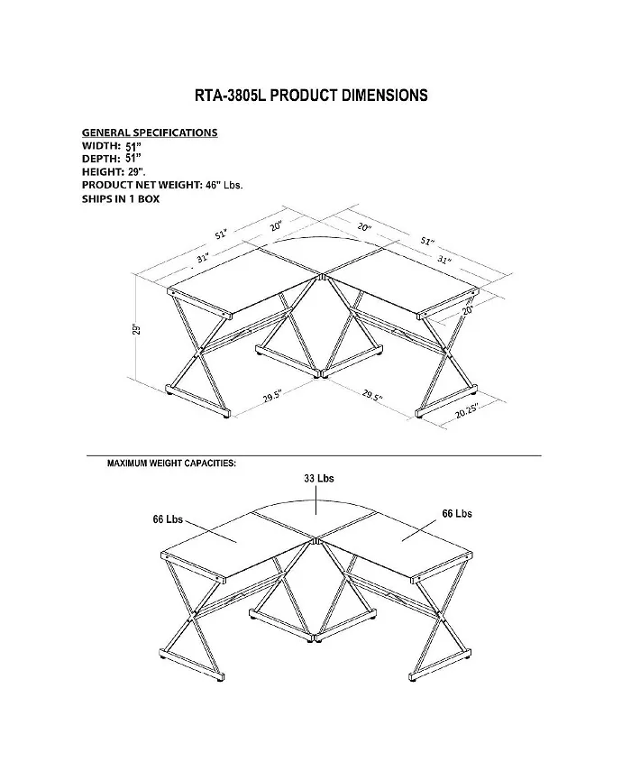 RTA Products Techni Mobili L-Shaped Glass Computer Desk