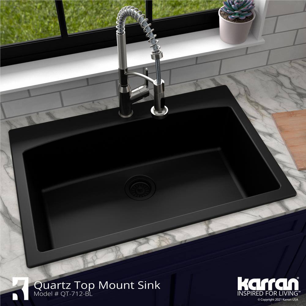 Karran Drop-In Quartz Composite 33 in. 1-Hole Single Bowl Kitchen Sink in Black QT-712-BL