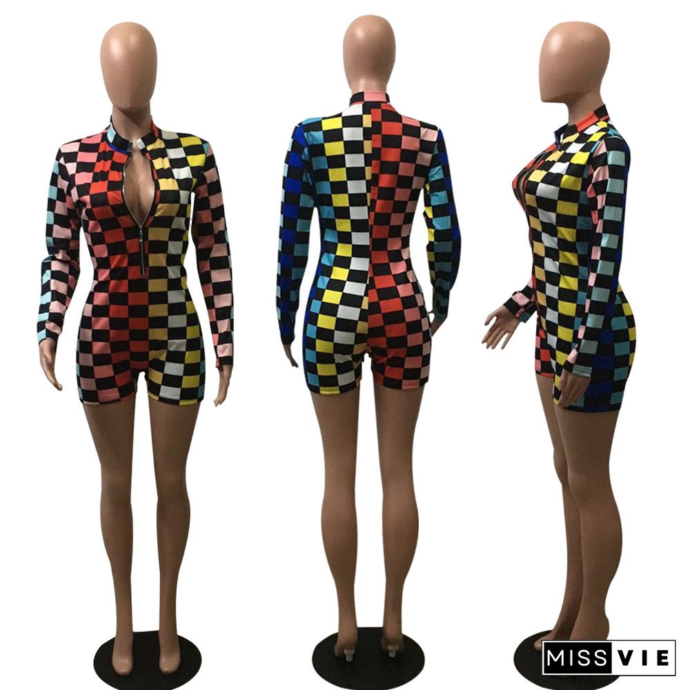 Sexy Color Checker Print High Waist Tight Racing Suit Romper