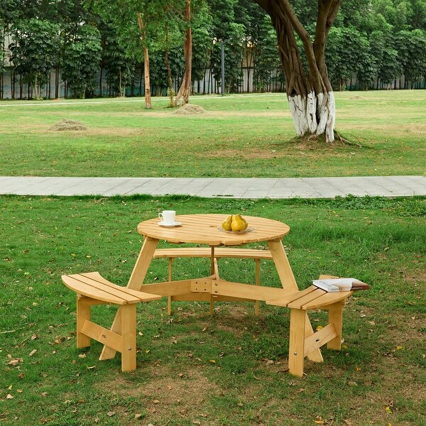 6 Person Outdoor Picnic Table with Bench，Round Pinic Table w/ 3 Bulitin Benches and Umbrella Hole，Outside Table and Bench Set