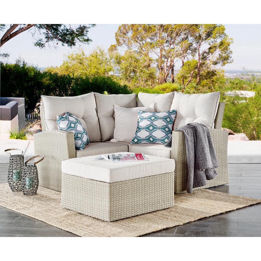 Alaterre Furniture Canaan Beige AllWeather Wicker Outdoor Square Ottoman with Cream Cushion