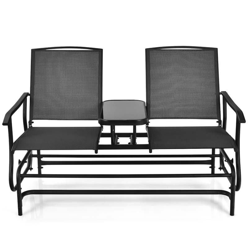 2-Person Outdoor Bench Glider Chair with Center Table, Mesh Fabric Rocking Loveseat for Patio