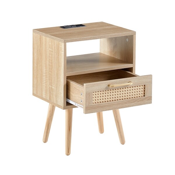 Nightstand Rattan End Table With Outlet USB Ports And drawer - - 37454457