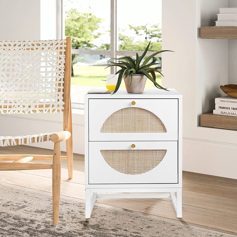 Modern Minimalism Nightstand  Bohemian Wood Bedside Table with Woven Rattan Drawers  Sofa Side Table  Rustic Farmhouse End Table