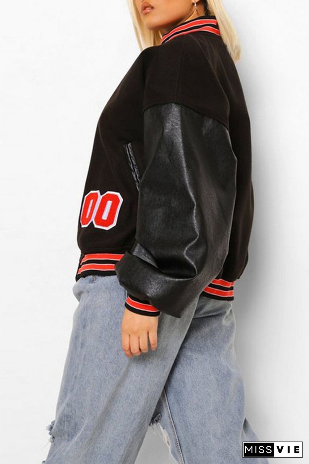 Letter Patchwork Open Button Baseball Jacket