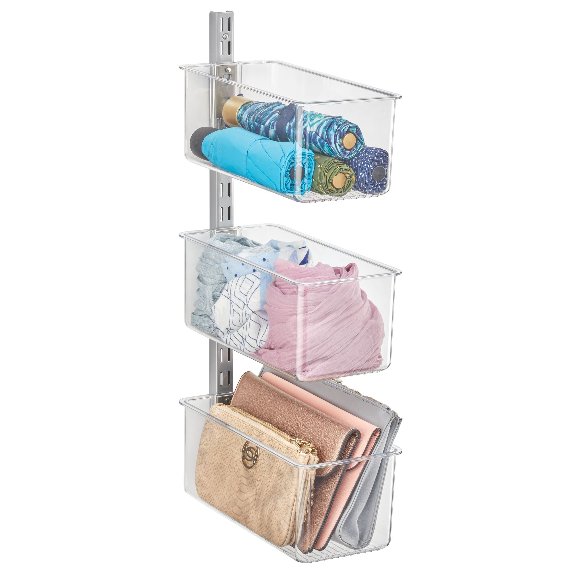 mDesign Plastic Wall Mount Bins with Metal Hanging Bar - Repositionable Bins - For Closet Storage and Organization - Holds Belts, Leggings, Shoes, Purses, Scarfs - Bins 5"  - Set of 3 - Clear