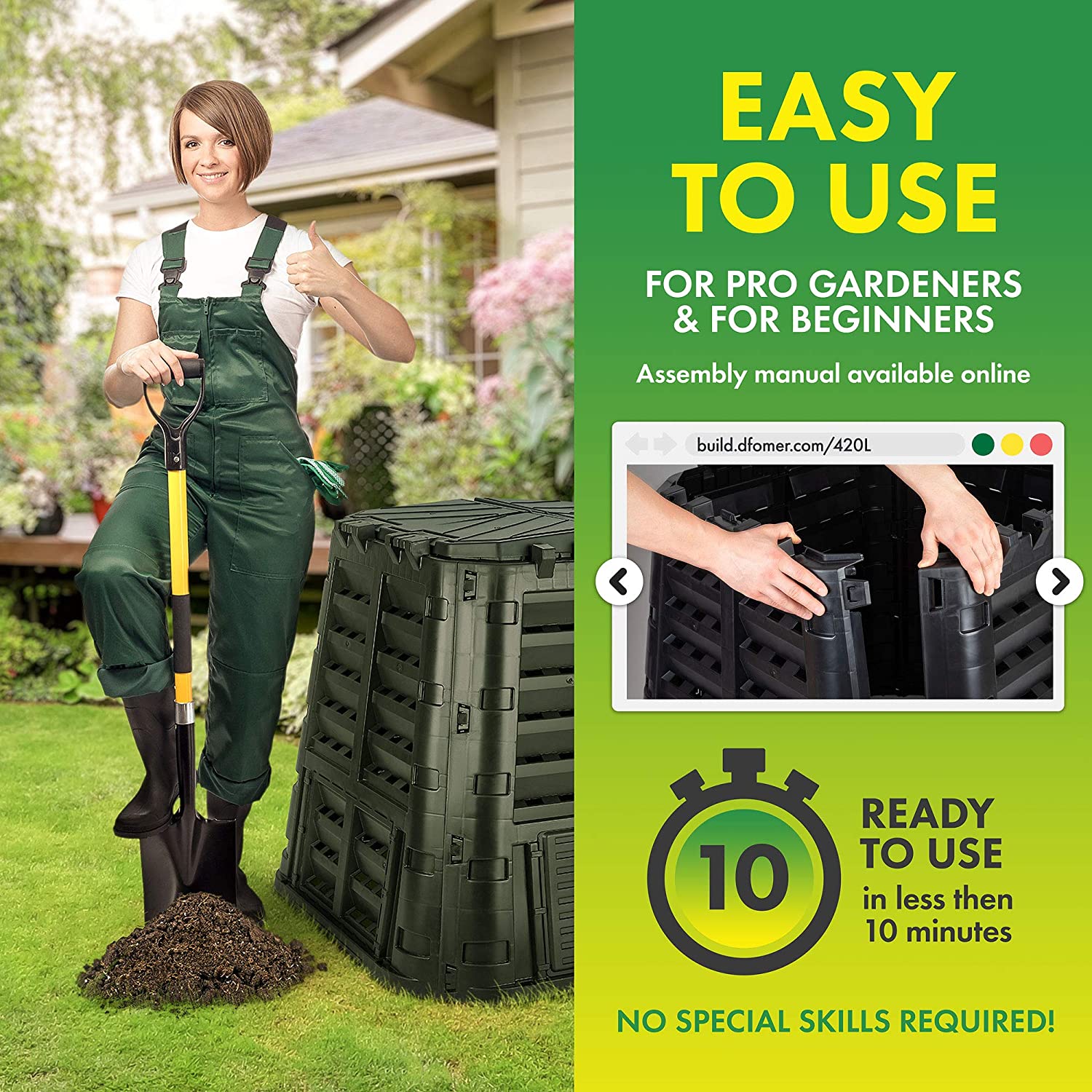 GEROBOOM Garden Composter Bin Made from Recycled Plastic \u2013 110 Gallons (420Liter) Large Compost Bin - Create Fertile Soil with Easy Assembly  Lightweight  Aerating Outdoor Compost Bo