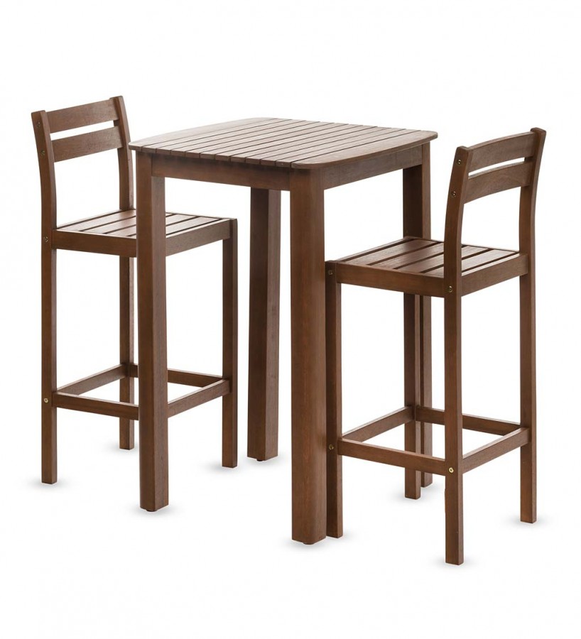 Plow and Hearth Lancaster Eucalyptus Outdoor Bar Set with Table and 2 Bar Stools， 3-Piece Set - Natural