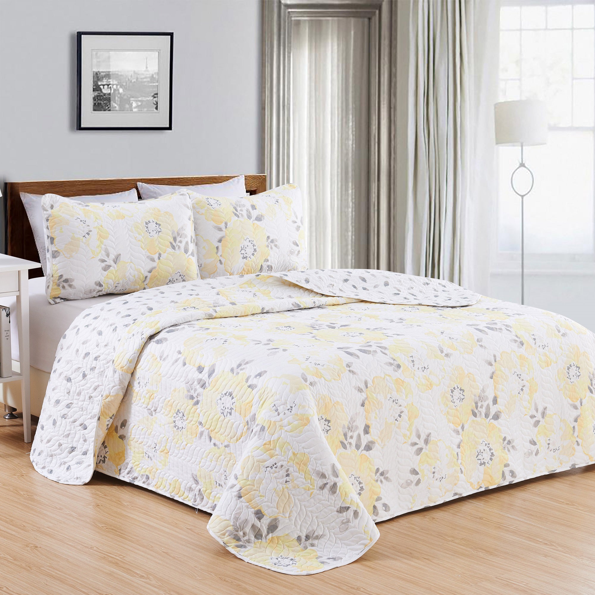 Great Bay Home All-Season Reversible Reversible Quilt Set With Shams  (Twin， Helene - Yellow)