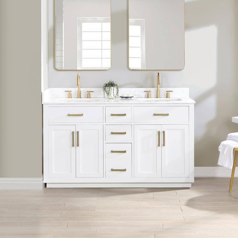 Altair Gavino 60 in. W x 22 in. D x 34 in. H Bath Vanity in White with Grain White Composite Stone Top 557060-WH-GW-NM