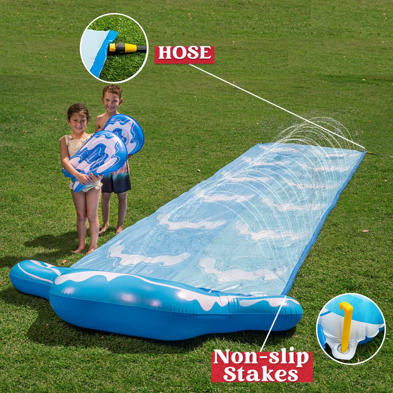 Sloosh 20ft Water Slip Water Slide 2 Person Blue Wave Water Slides with 2 Boogie Boards Backyard Outdoor Waterslide 2 Sliding Racing Lanes with Sprinklers Summer Toy 20ft