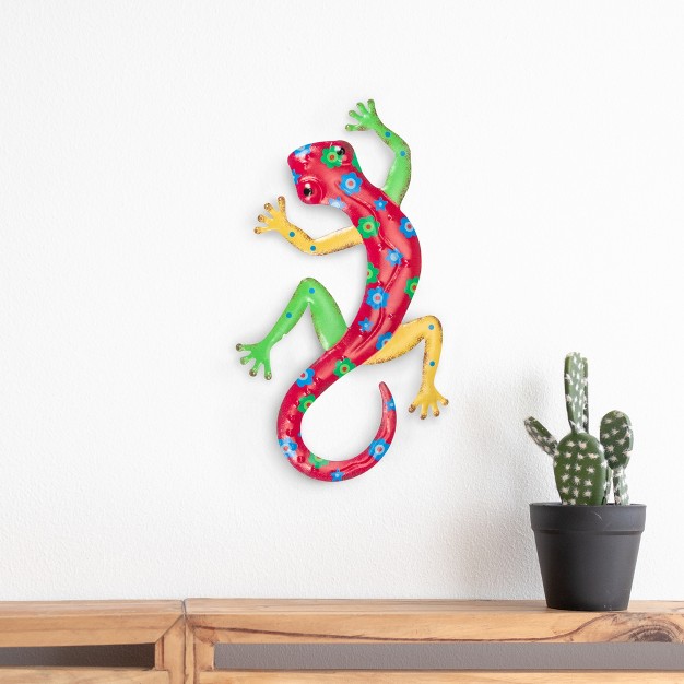 Red Floral Metal Lizard Outdoor Wall Hanging