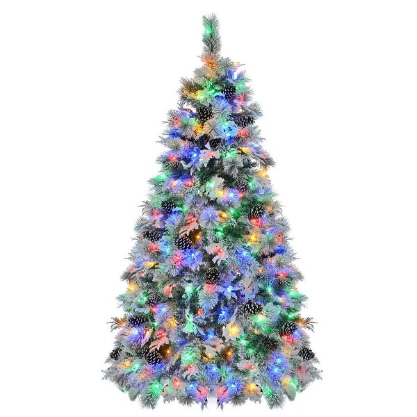 4/6/7.5FT PreLit Spruce Snow Flocked Christmas Tree，PE and PVC Artificial Lighted Xmas Tree with Cones，11 Flashing Modes