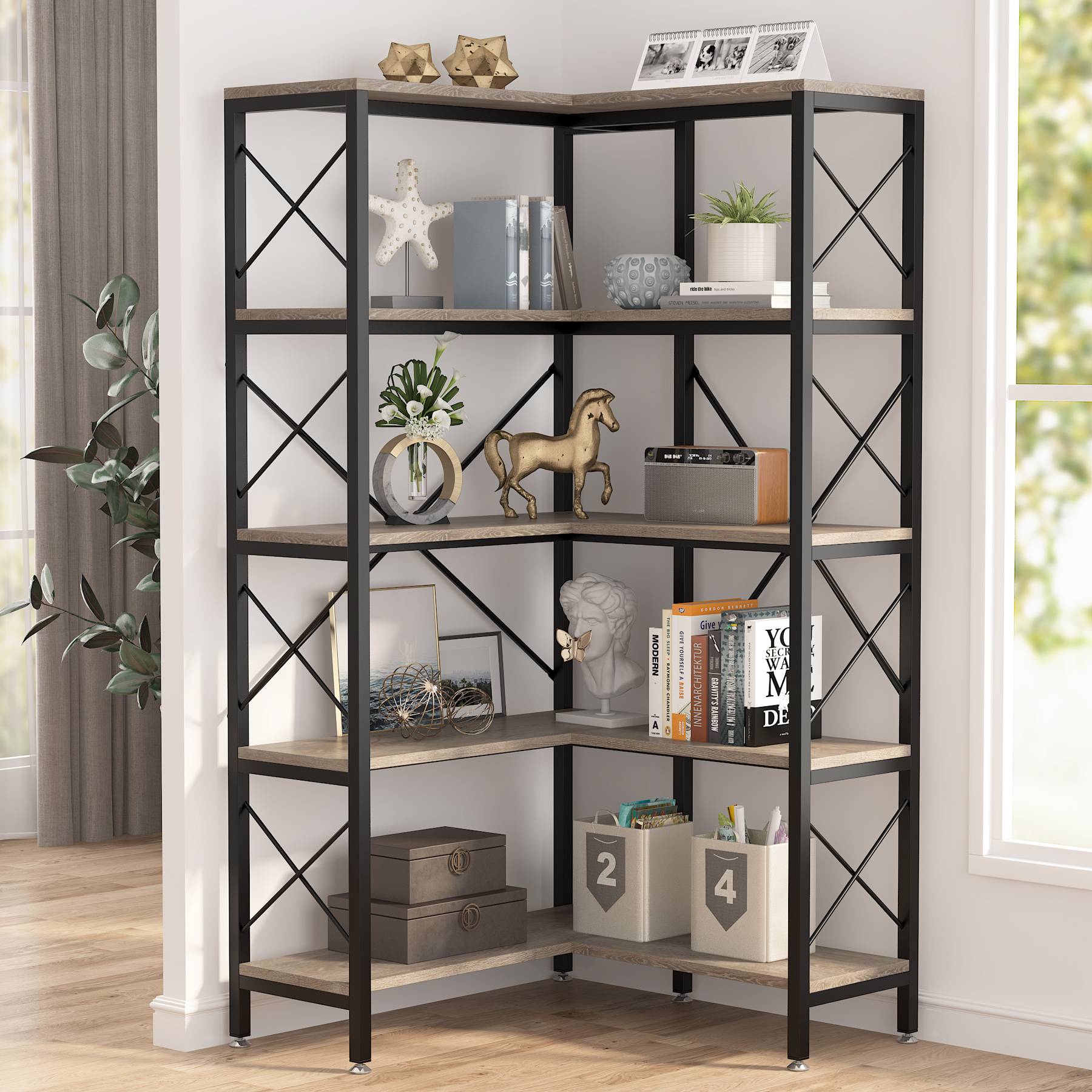 5-Shelf Corner Bookshelf, 65.7 Corner Etagere Bookcase Corner Display Rack