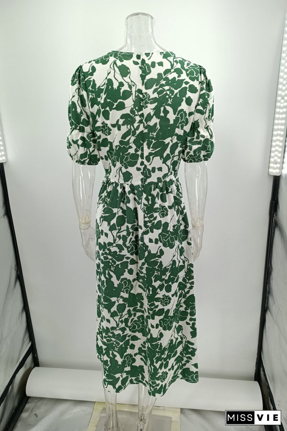 Green Button Down V Neck High Waist Floral Dress