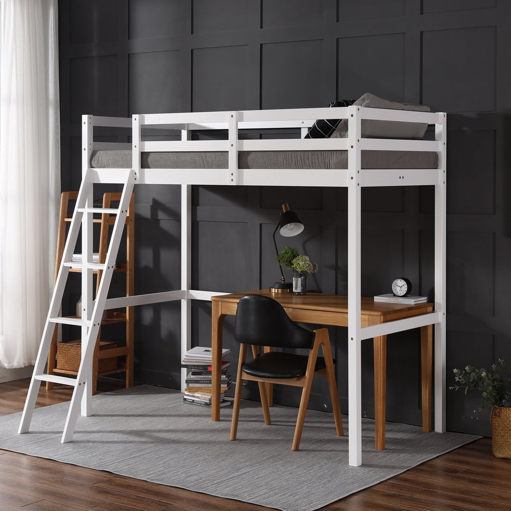 JOYMOR High Loft Bed Frame Twin Solid Wood Bed for Kids, Junior, Teens, White