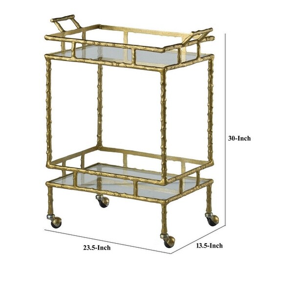 30 Inch 2 Tier Bar Cart， Aluminum Frame， Clear Glass Shelves， Antique Brass - 29.9 H x 23.6 W x 13.8 L Inches