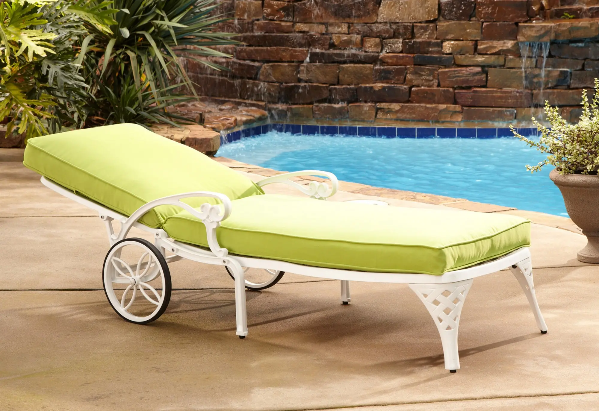 Sanibel White Outdoor Chaise Lounge with Green Cushions