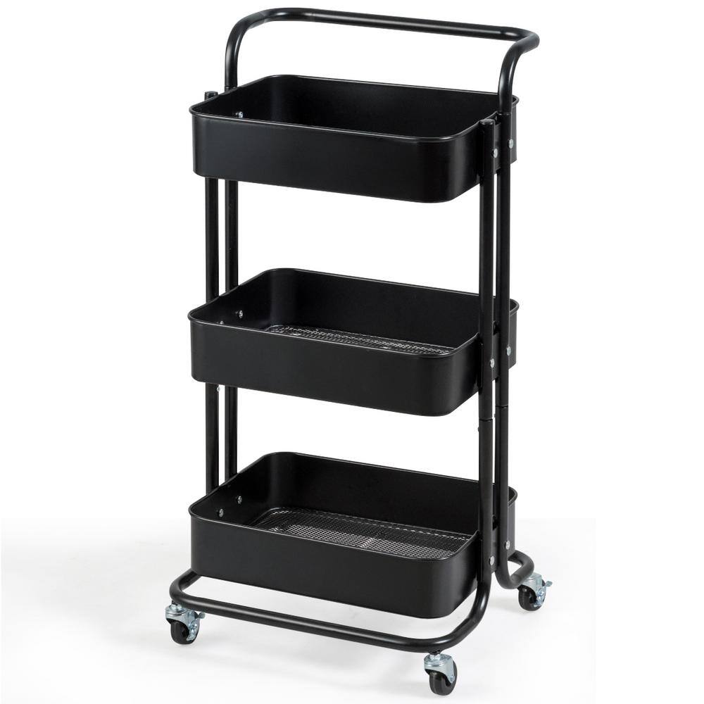 HONEY JOY 3-Tier Metal Rolling Utility Storage Cart Service Trolley Cart with Lockable Wheels in Black TOPB002996