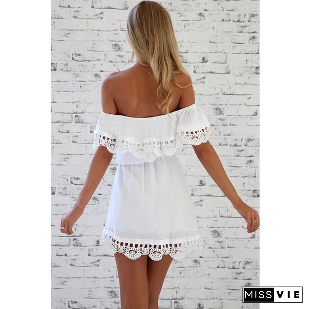 Summer Women White Lace Stitching Dress Off Shoulder Strapless Dress Neck Mini Dresses