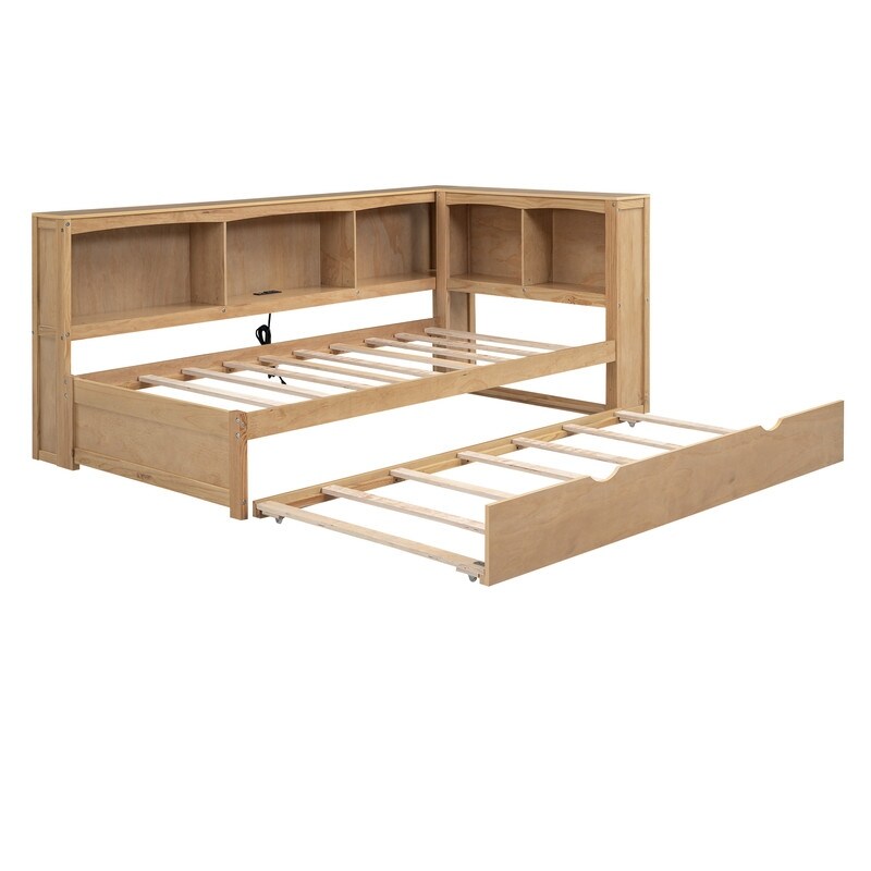 Twin Size Day Bed with Bookcases  Daybed with Trundle USB Ports and 5 Built in Storage Cabinets  Wood