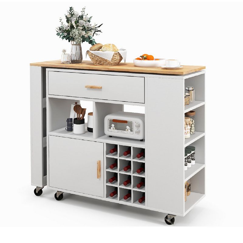 Reversible Folding Kitchen Island Cart with Wine Rack and Spice Rack