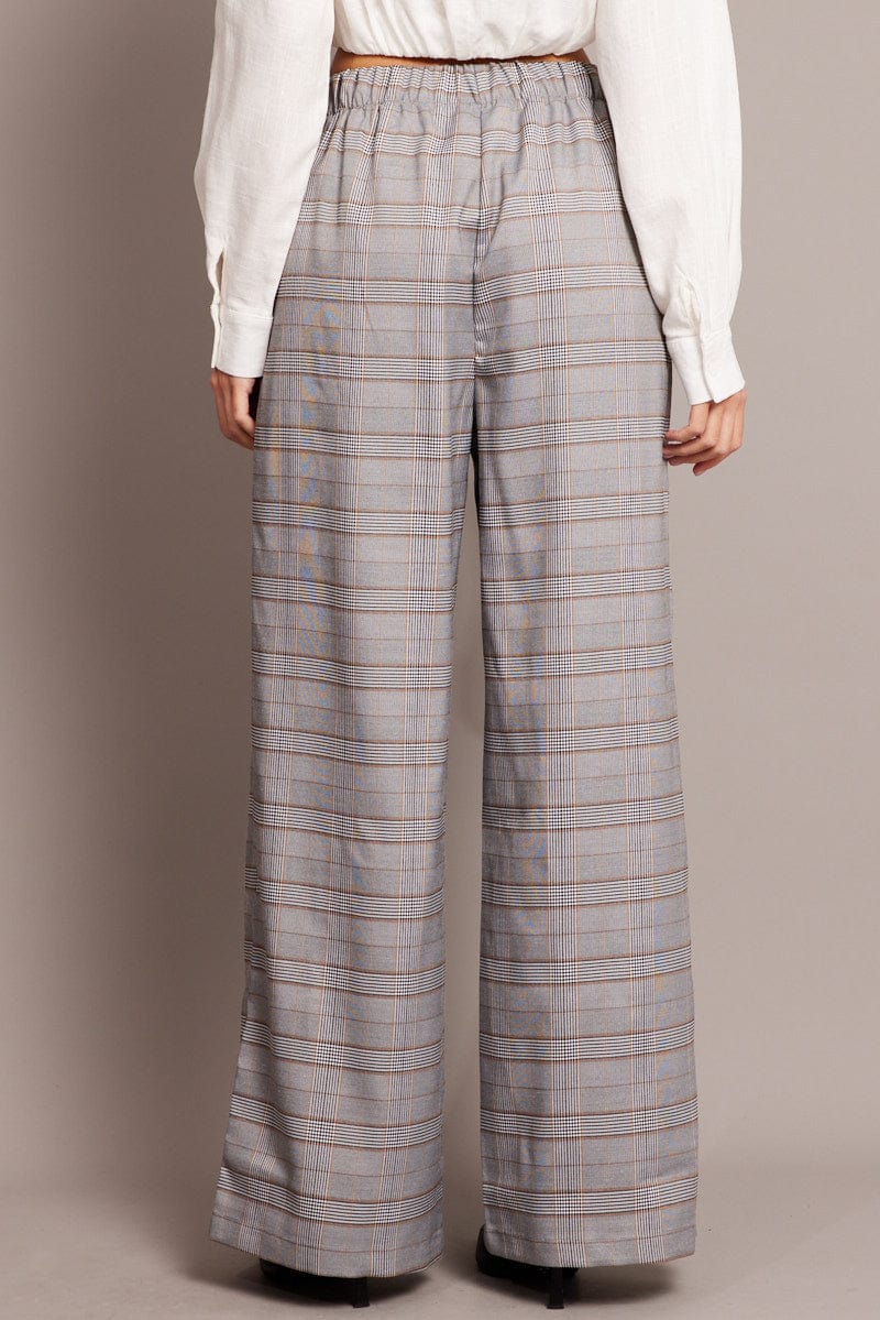 Grey Check Wide Leg Pants Elastic Waist