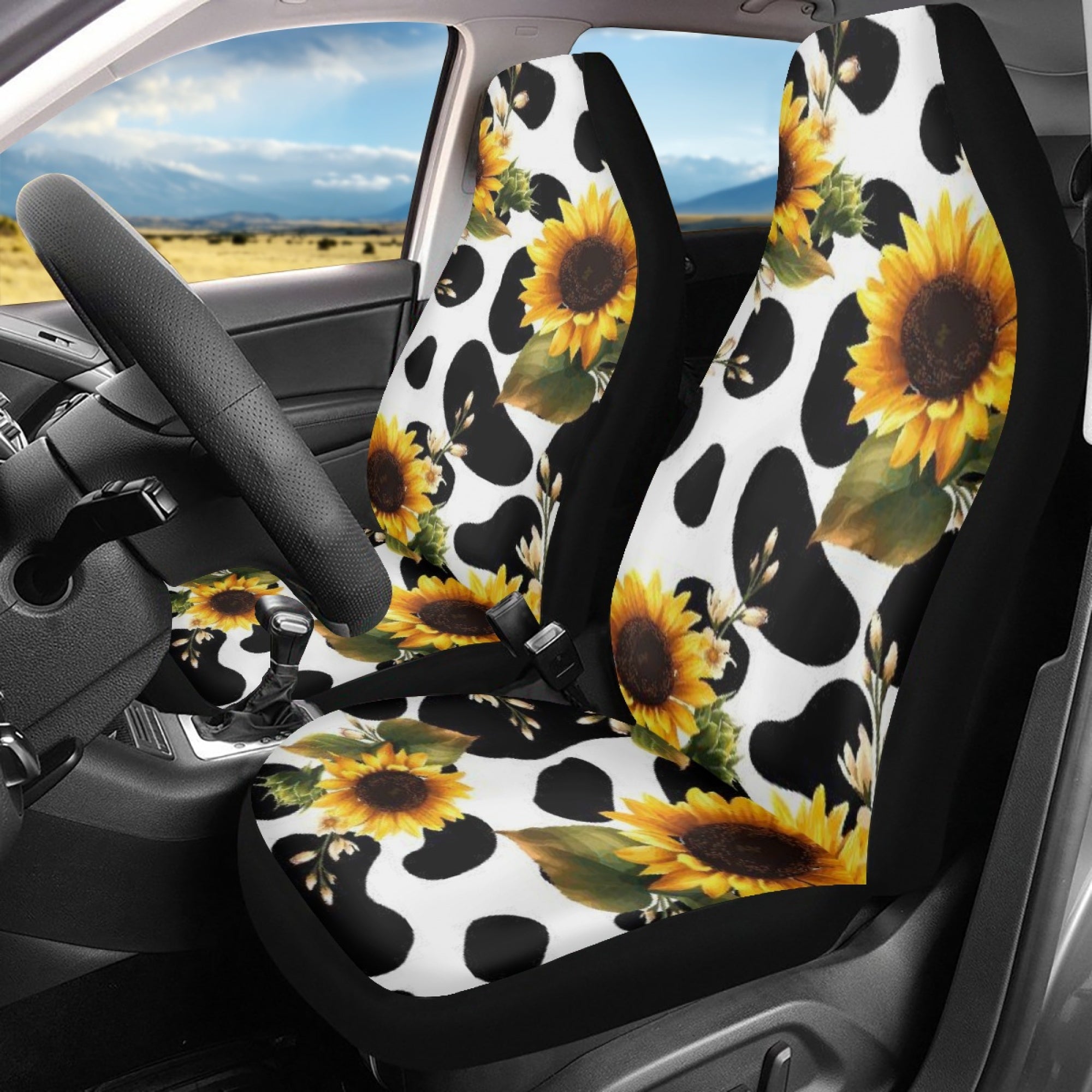 Diaonm Car Seat Covers Sunflower Cow Design Black Decorative Set of 2 Auto Accessories Protectors Car Decor Universal Fit for Car Truck SUV