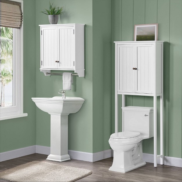 Dover Over The Toilet Hutch Wall Mounted Bathroom Storage Cabinet With Two Doors And Towel Rod White Alaterre Furniture