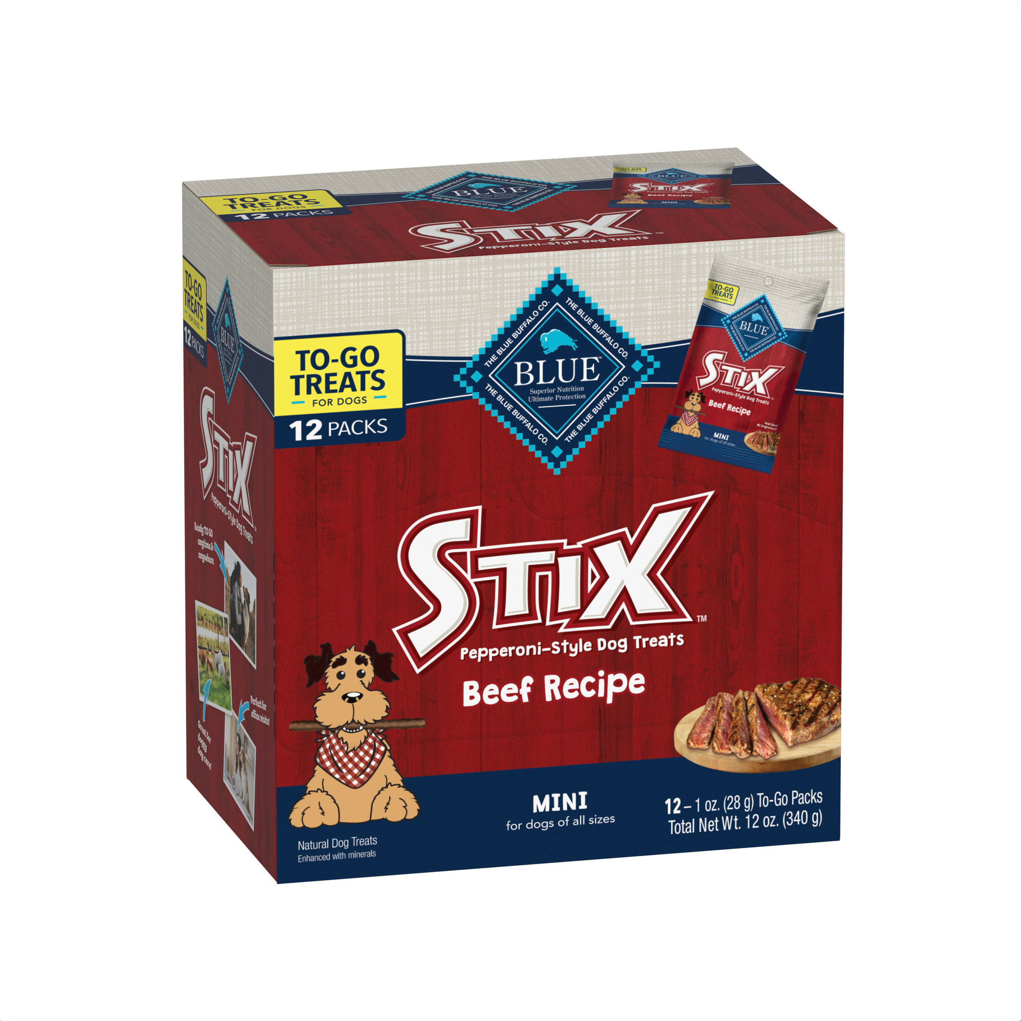 Blue Buffalo Stix Natural Soft-Moist TO-GO Beef Recipe Dog Stick Treats， 1.2 oz.， Count of 12