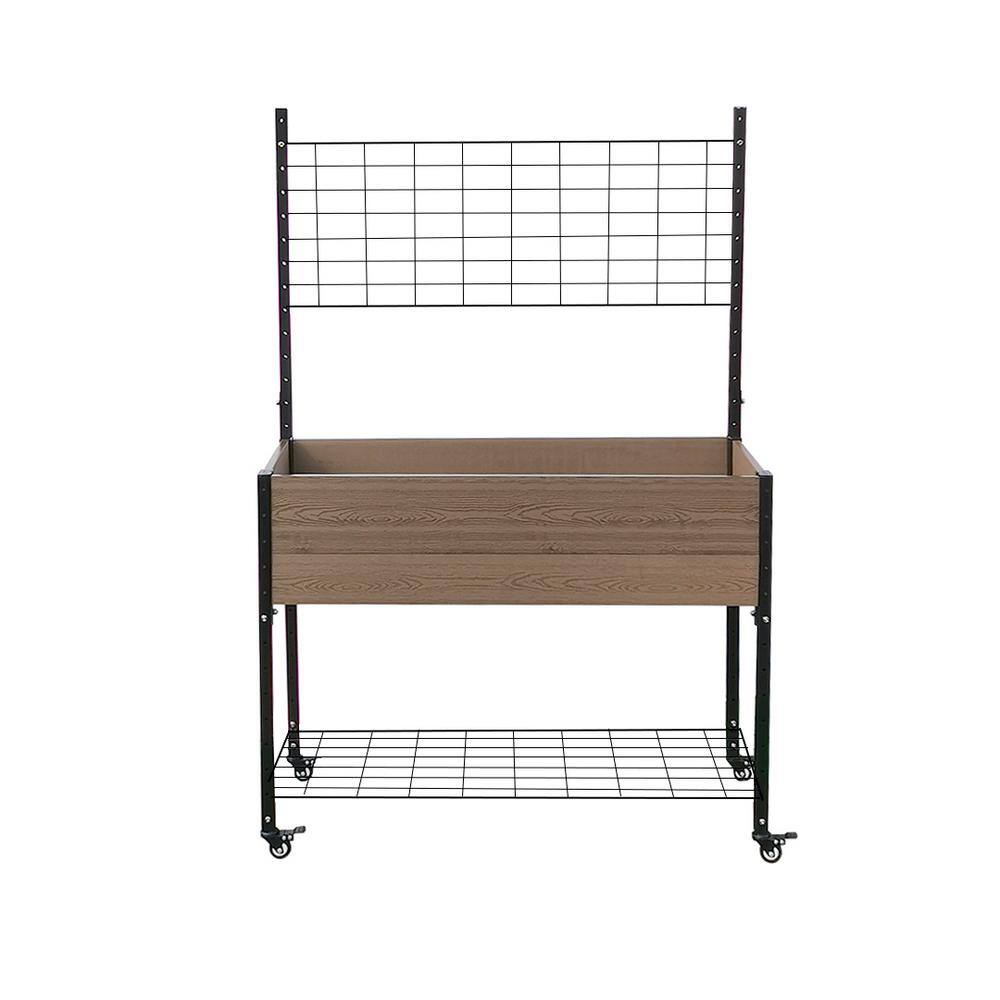 EverBloom 19 in. D x 36 in. H x 45 in. W Brown and Black Composite Mobile Garden Planter Raised Bed with Trellis and Under Shelf K2101