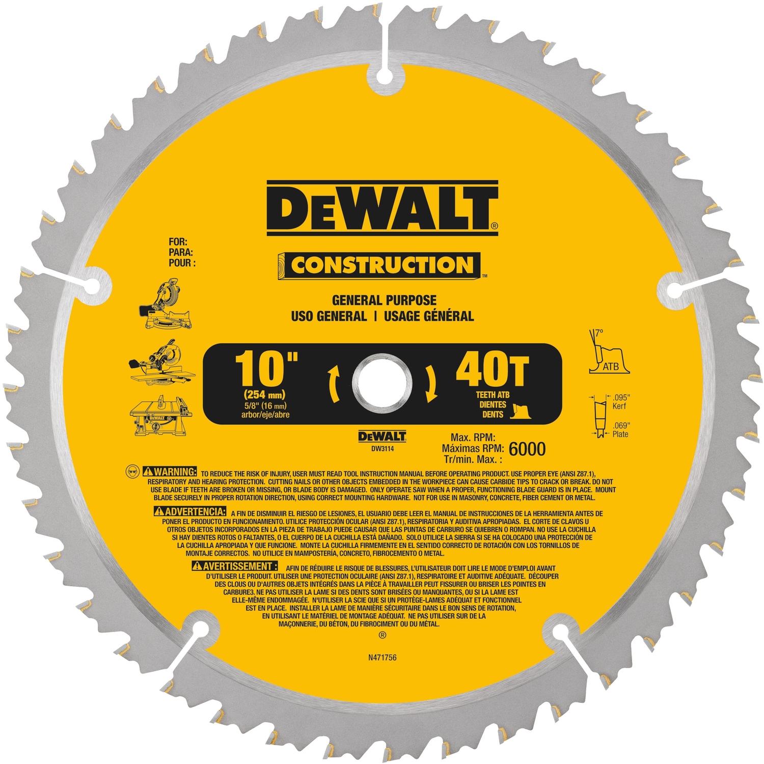 DW 10 in. D X 5/8 in. Construction Carbide Tipped Circular Saw Blade 40 teeth 1 pk