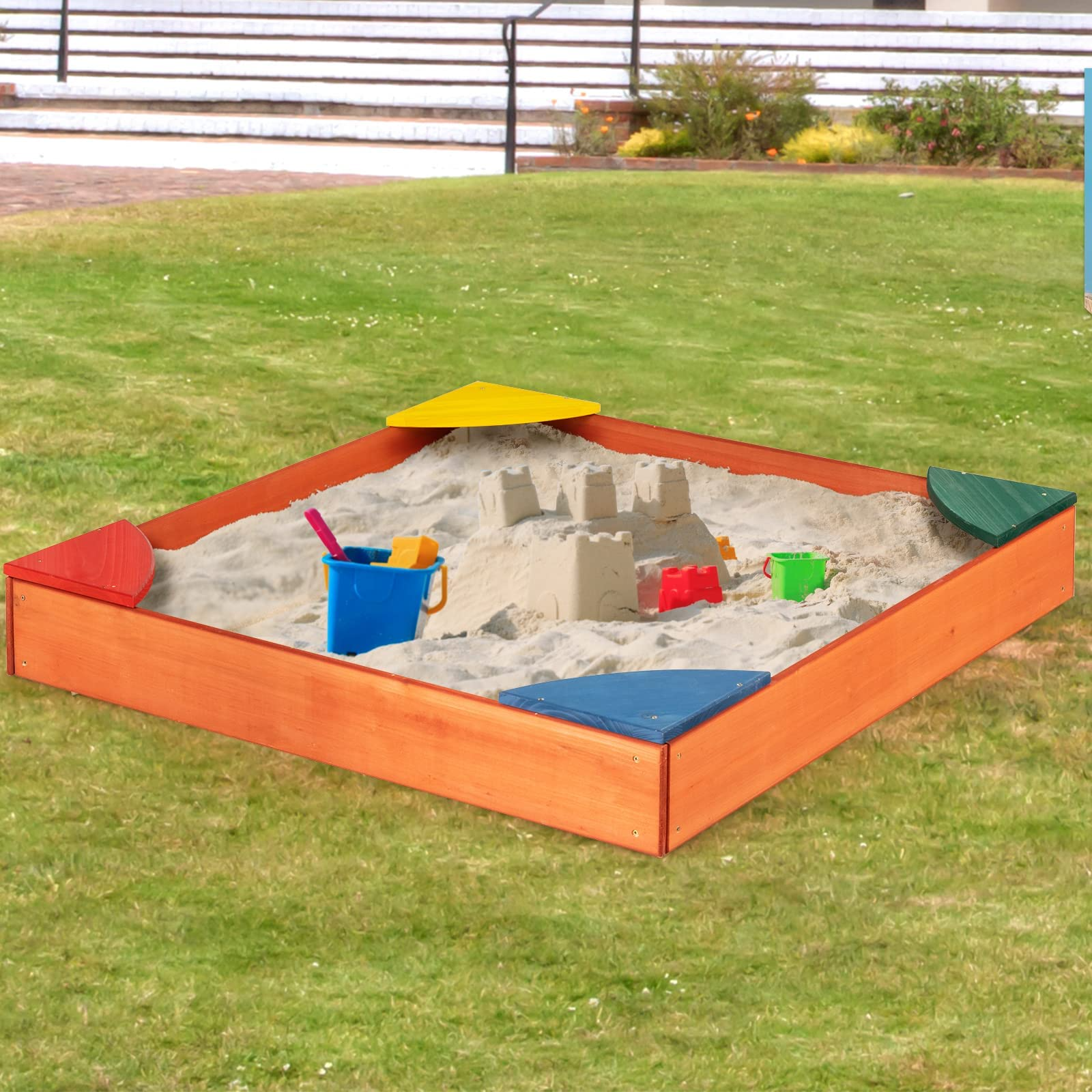 Costzon Kids Wooden Sandbox, Outdoor Sand Pit with Bottomless Structure & 4 Built-in Corner Seats