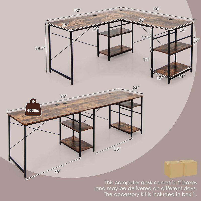 L Shaped Computer Desk with 4 Storage Shelves and Cable Holes