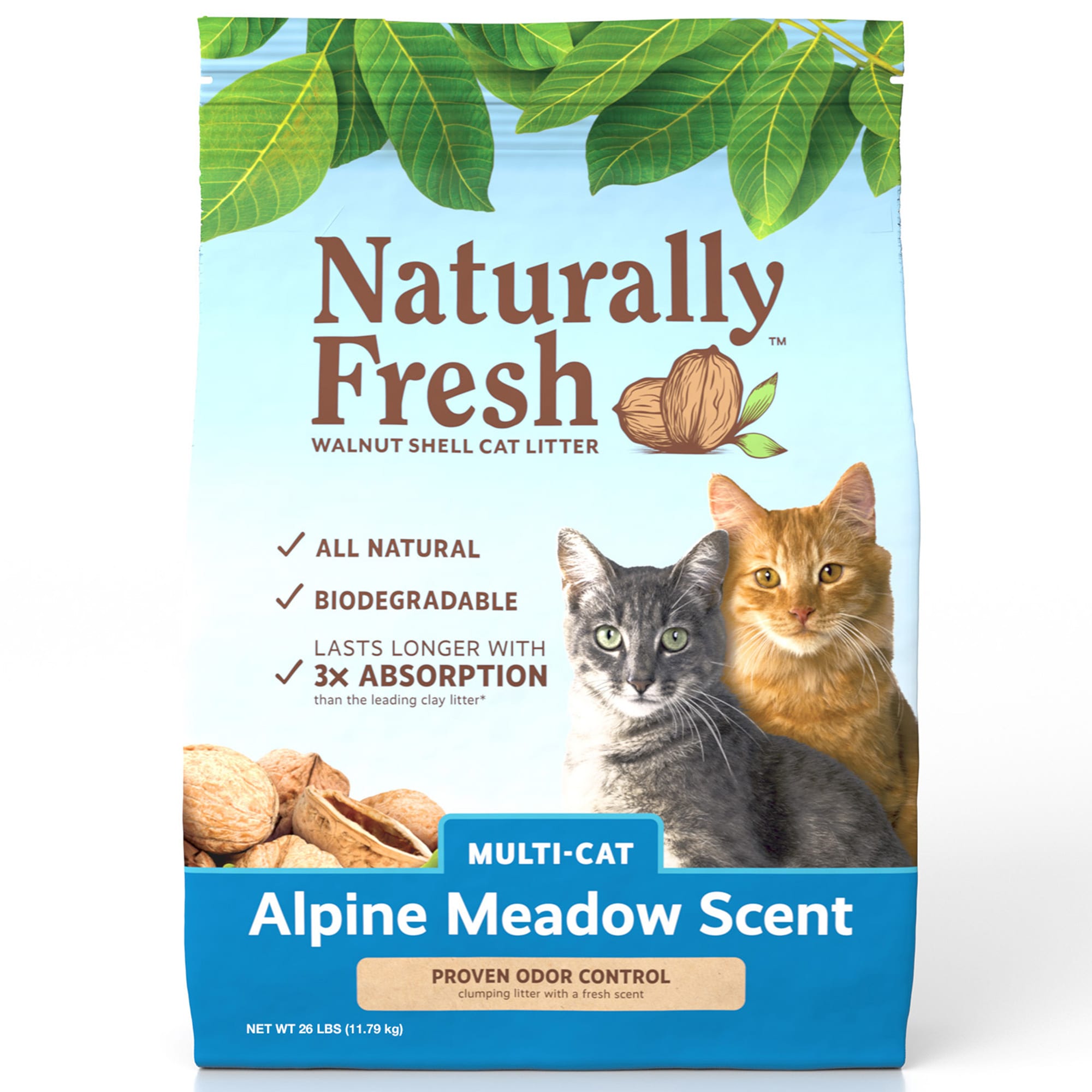 Naturally Fresh Alpine Meadow Scent Quick-Clumping Natural Multi Cat Walnut Cat Litter， 26 lbs.