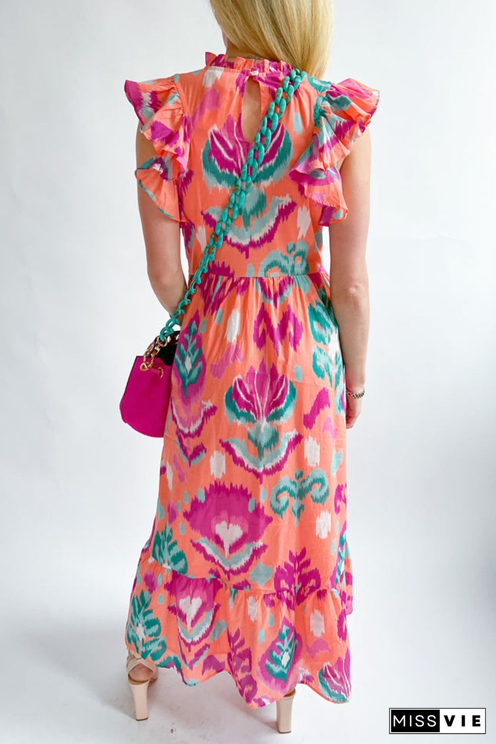 Multicolor Abstract Floral Print Frill Neck Ruffle Maxi Dress