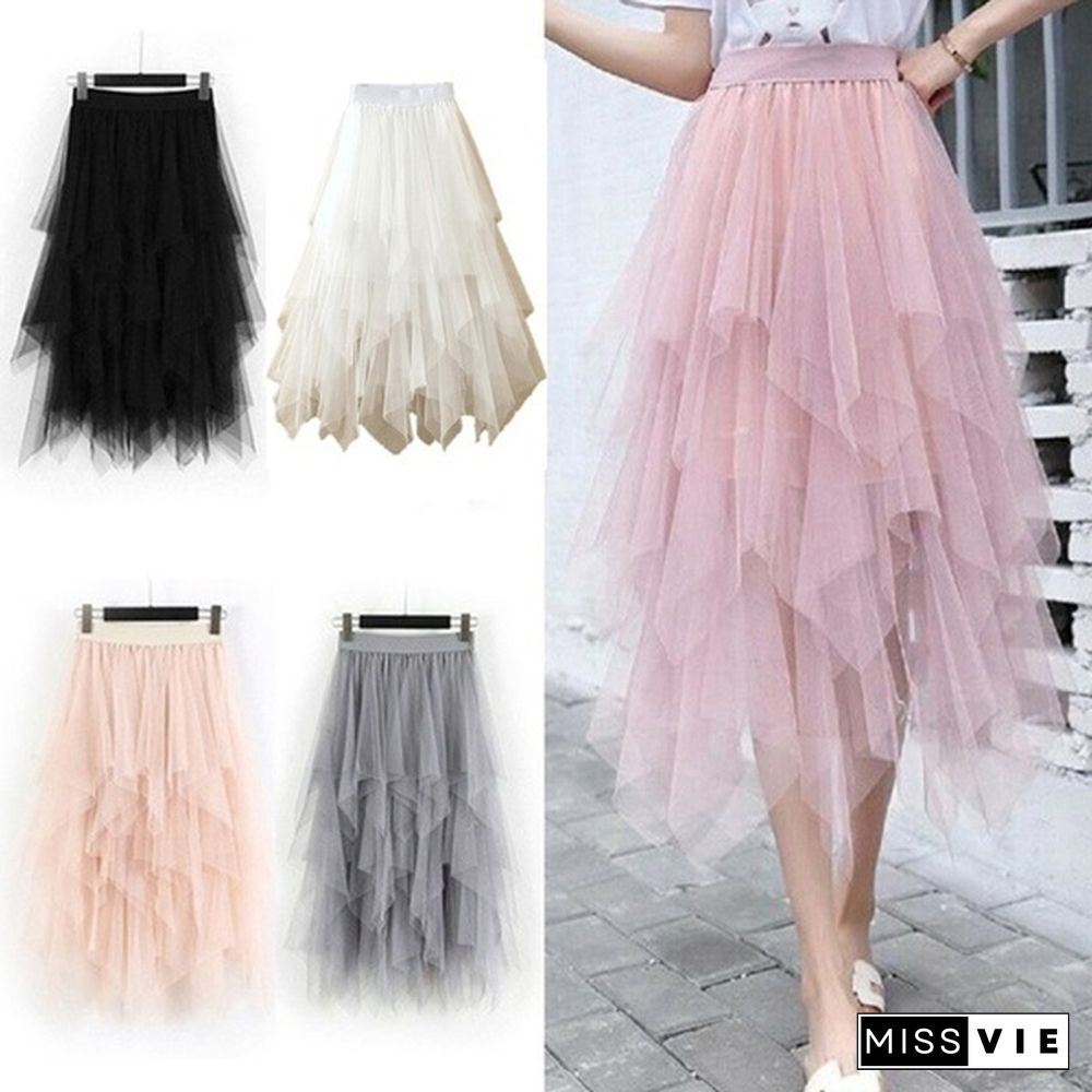 Women Summer Tulle Skirt Elastic Mesh Layered High Waist Pleated Ladies Midi Skirt