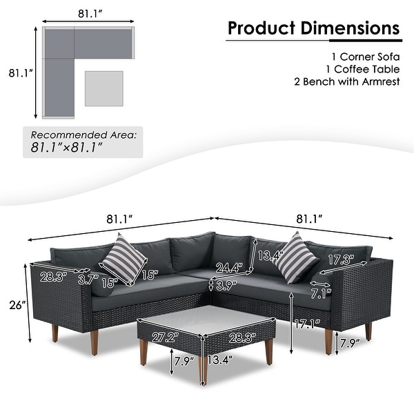 4pieces Outdoor Patio Wicker Sofa Set Lshape Sectional Sofa Couch Sets Furniture with Pillows and Coffee Table for Garden